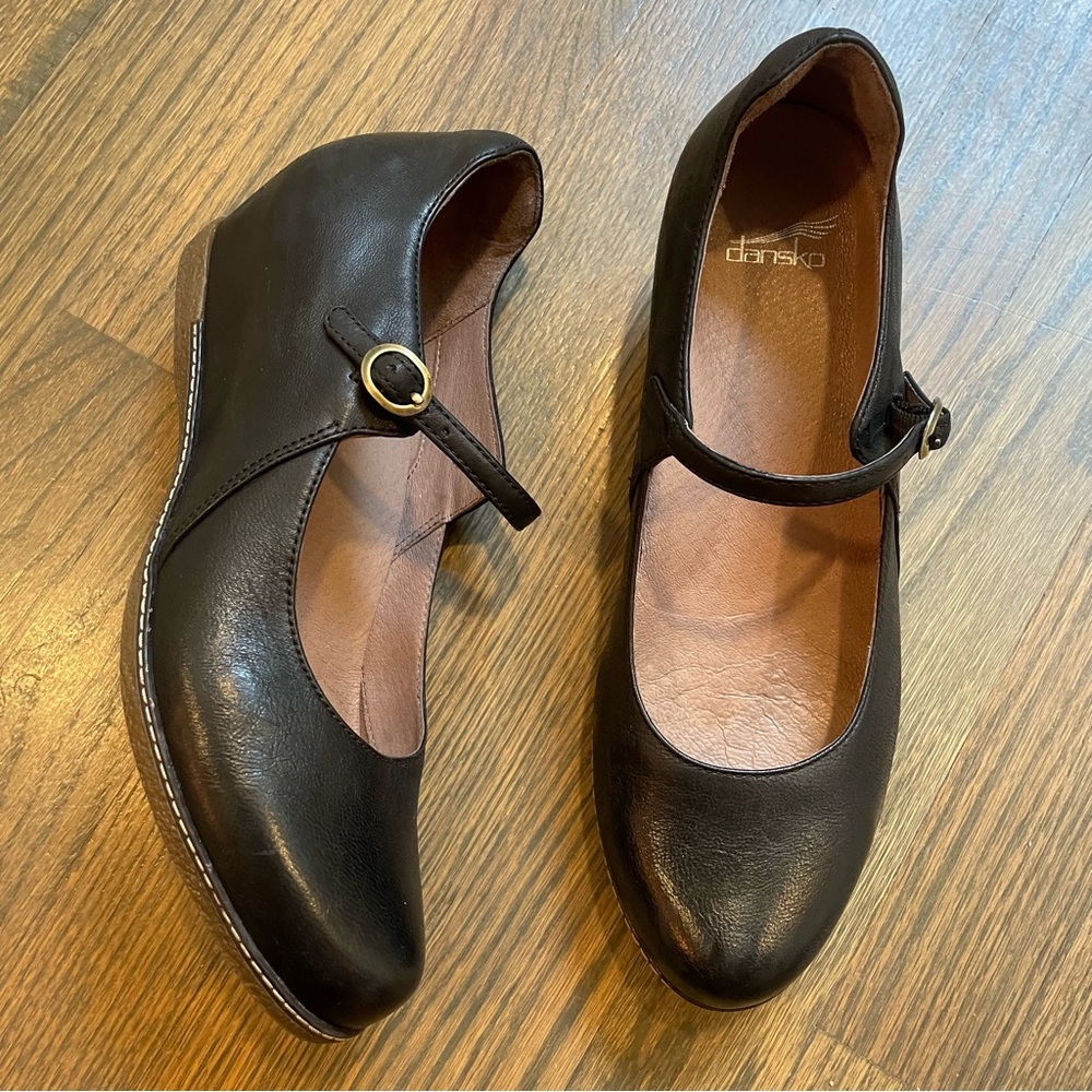 COPY - DANSKO LORALIE BLACK Burnished Nubuck Genuine Leather Wedge Mary Janes S…